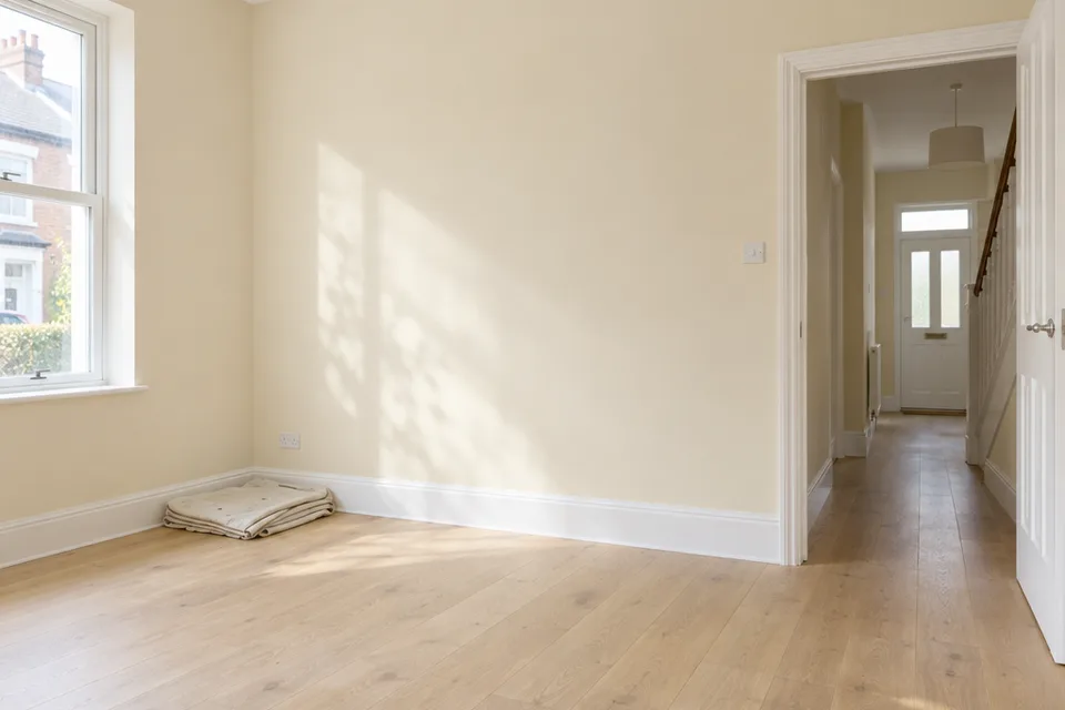 A living room wall freshly painted warm white, morning light across it