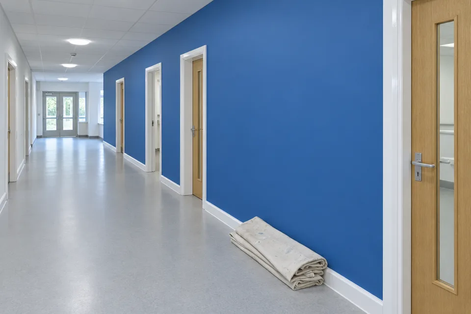 A public building corridor wall freshly painted mid blue