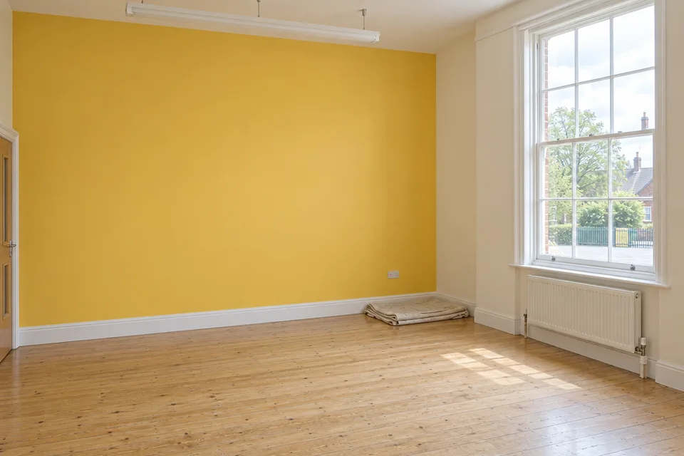 A classroom wall freshly painted school yellow by a tall window