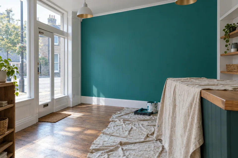 A shop wall freshly painted deep teal, dust sheet over the counter