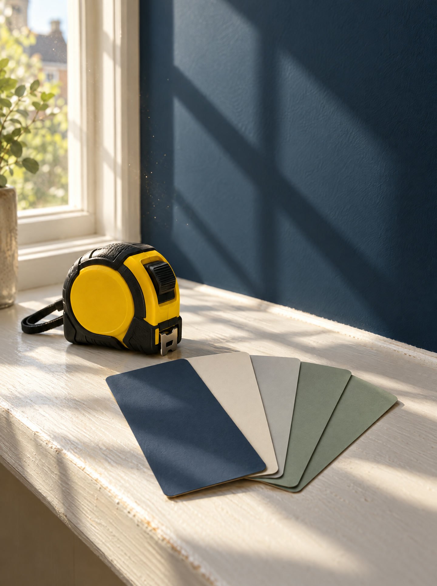A tape measure and a fan of paint colour cards on a sunny windowsill
