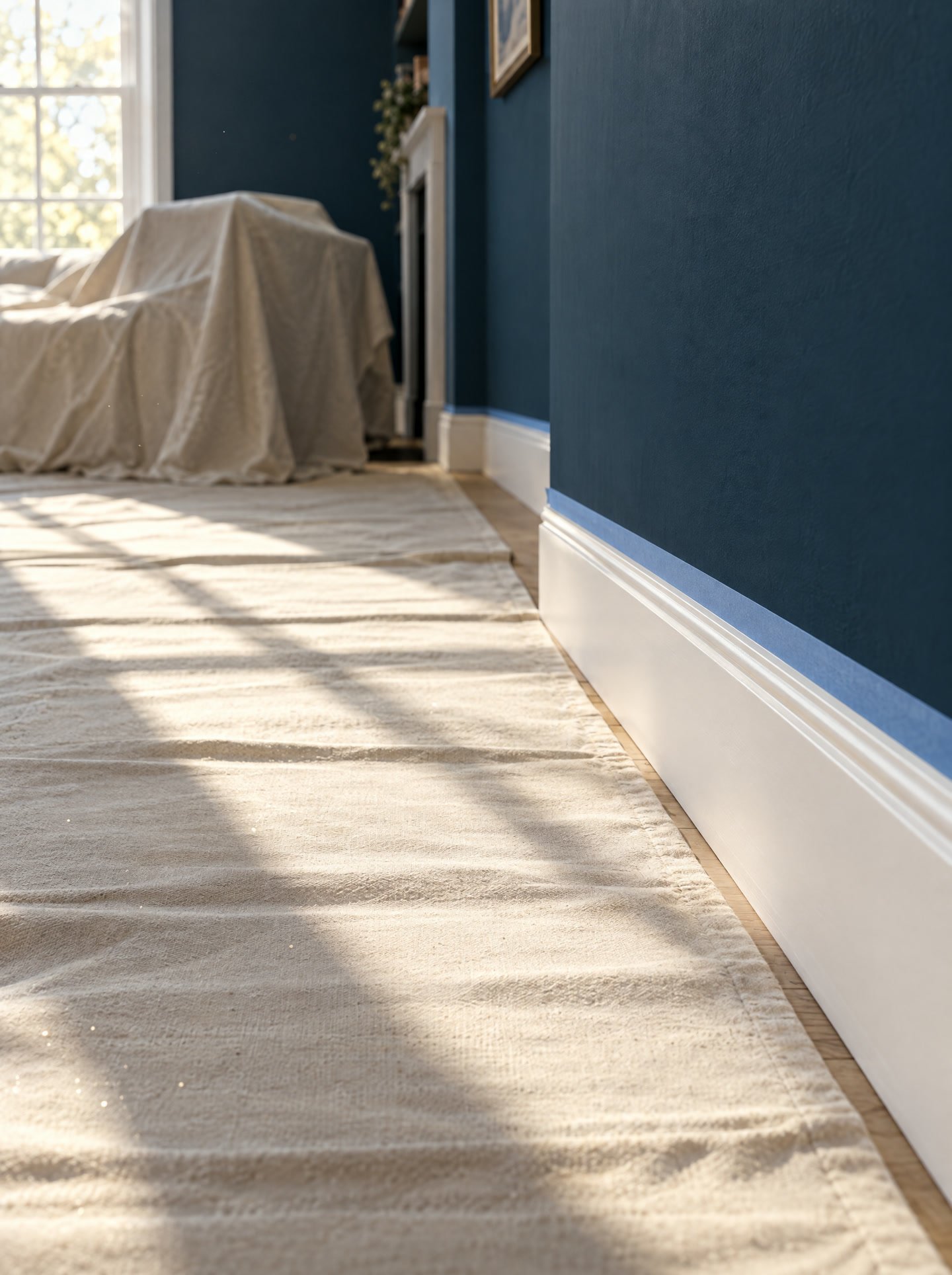 Floorboards and furniture under clean dust sheets, with tape along the skirting