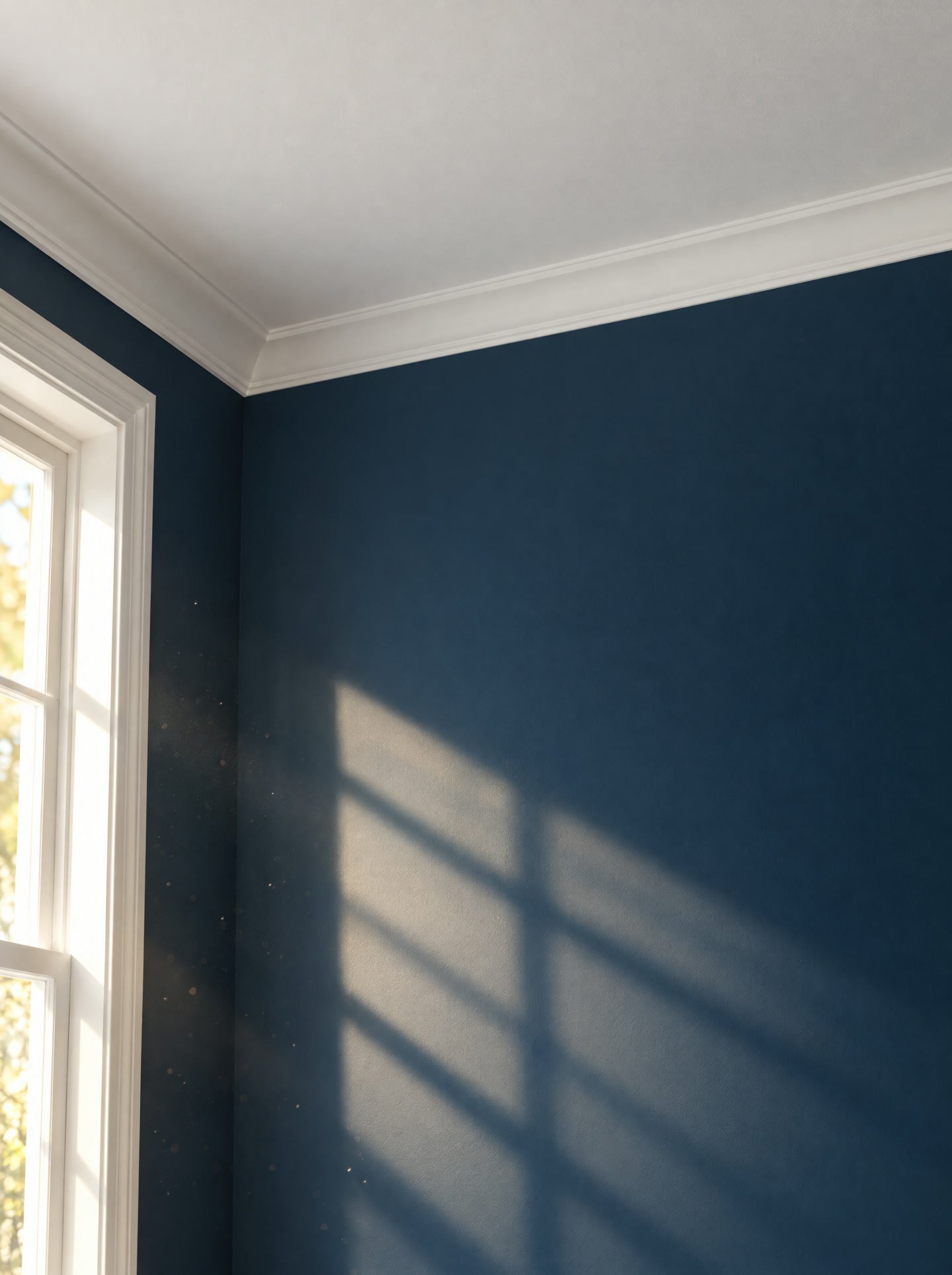 A sharp, straight line where a deep blue wall meets a white ceiling